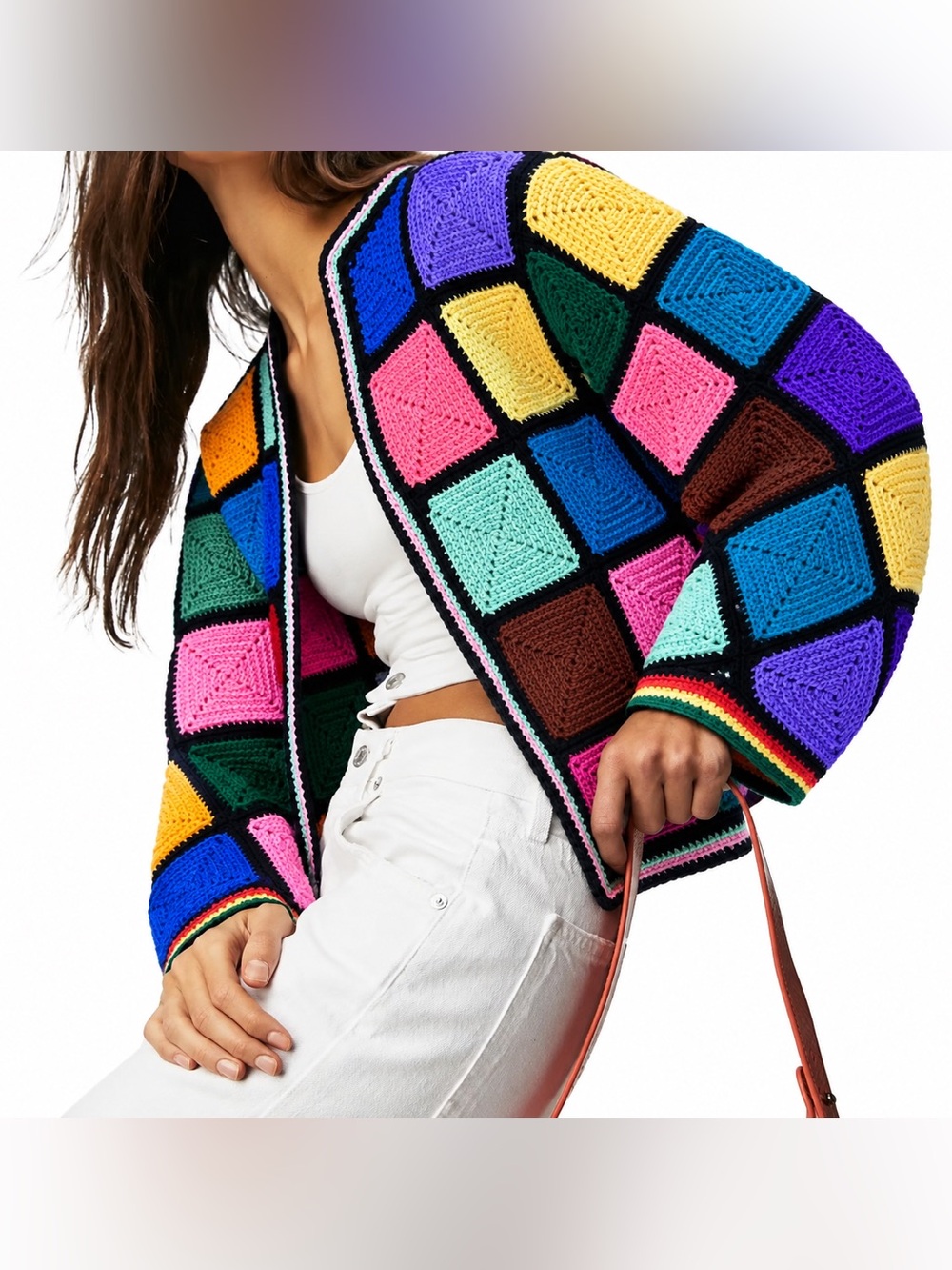 OOAK Handmade Multicolor Granny Square Crochet Patchwork Oversized Open Cardigan